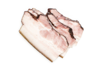 Group of three slices of english bacon flatlay isolated on white
