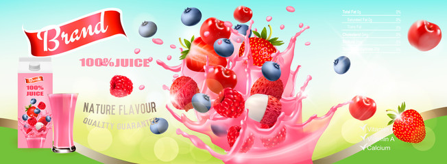 Fototapeta na wymiar Fresh Juice with Berries and Splashing Liquid. Advert Concept. Design template. Vector.