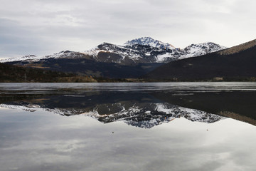 Frozen lake with the reflex snowy mountain