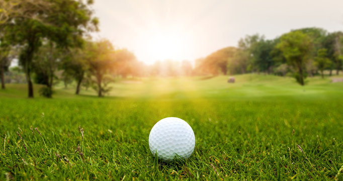 Golf ball on blurred beautiful green grass with sunlight in morning time. Sport and recreation playground for golf club concept.