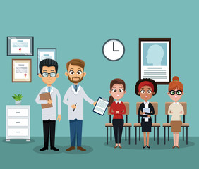 Doctor at hospital office with patient vector illustration graphic design