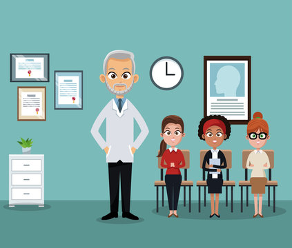 Doctor at hospital office with patient vector illustration graphic design