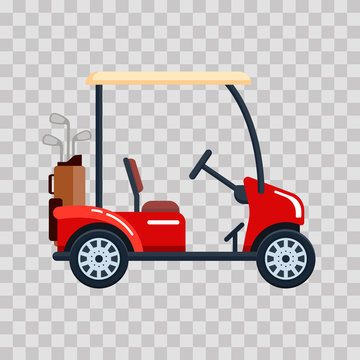 Vector electric golf car with golf club bag. Transport, vehile on transparent background.
