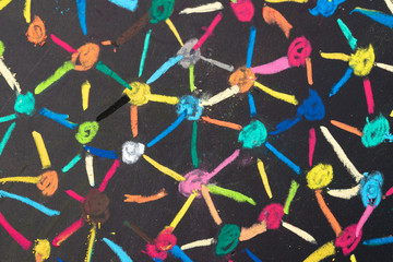 Decentralize, bond or social network concept, macro view of colorful pastel link and connect chalk...