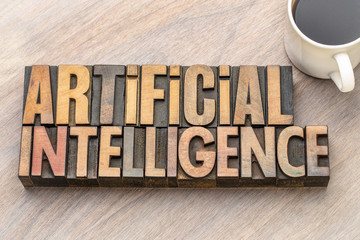 artificial intelligence word abstract in wood type