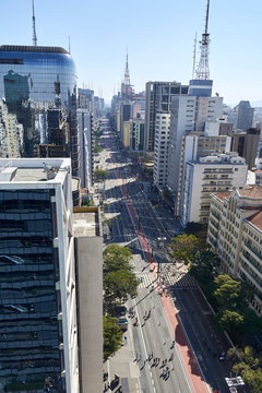 Paulista avenue in Sao Paulo. Aerial view of most famous avenue of Sao Paulo on national holiday morning on a sunny day. Important financial and business center of Brazil.
