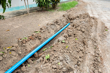 Water pipes laying construction site on ground
