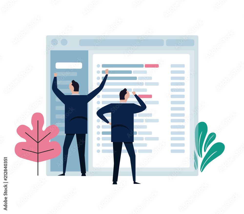 Poster concept of team work represent in small character working on big email application screen. develop m