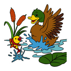 Cute duck cartoon illustration isolated on white background for children color book