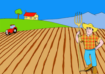 Illustration of a farmer contemplating his harado field