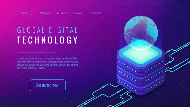 Isometric global digital technology landing page. Big data, cloud information storage, global transferring technology and remote access concept on ultraviolet background. Vector 3d illustration.
