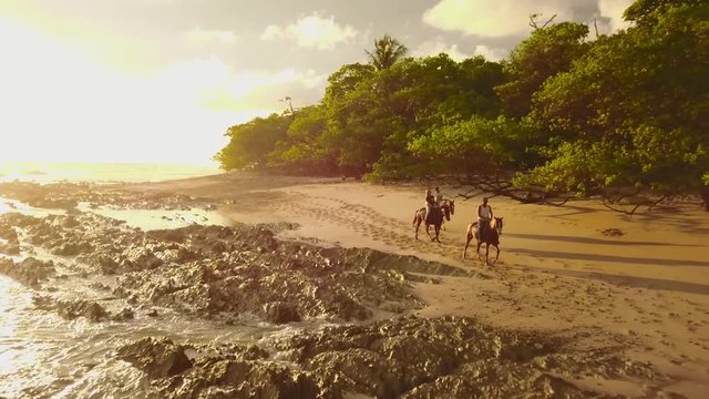 Drone footage of a sunset horseback ride on the beach, just next to the tropical jungle inSanta Teresa, Costa Rican