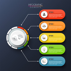 Abstract elements of graph Vector infographic template with label, integrated circles. Business concept with 5 options. For content, diagram, flowchart, steps, parts, timeline infographics, chart.