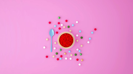 Candy colorful on pink background - Sweet artwork for coffee shop or restaurant - Artwork for kid - 3D Illustration