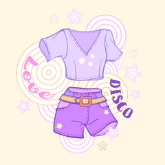 Vector summer outfit complect: top and jeans shorts on a abstract background. Disco party poster.