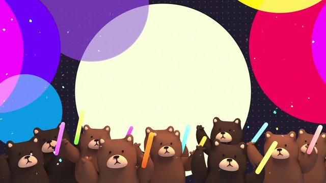 3d cute cheering bears with falling confetti effect on colorful circles background animation. (Looped)