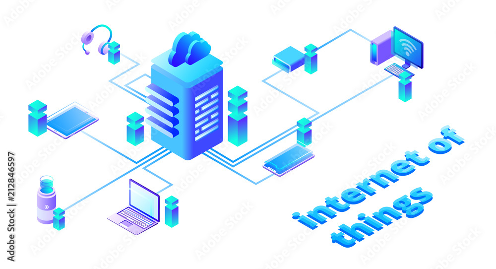 Poster internet of things vector illustration of smart devices network in web cloud communication technolog