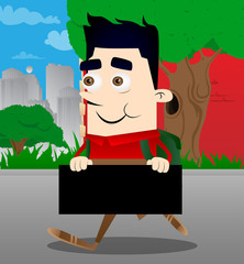 Schoolboy holding blank black sign. Vector cartoon character illustration.