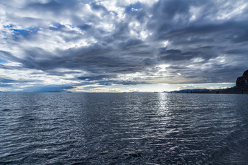 Fototapeta premium view of beautiful lakeside of Lake Namtso in evening, Tibet