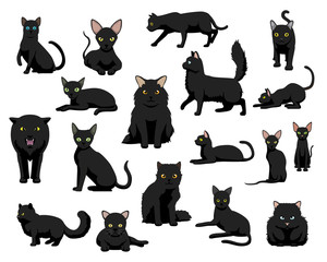 Cute Various Black Cat Cartoon Vector Illustration