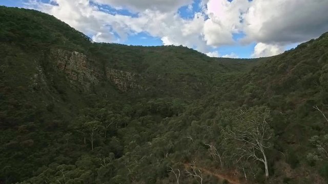 Drone slowly flowing along wide gorge with rugged rock walls above of a dense gum tree forest under cloudy blue sky