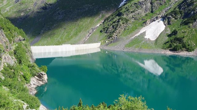 Landscape of the dam of the Lake Barbellino, an Alpine artificial lake. Italian Alps. Italy