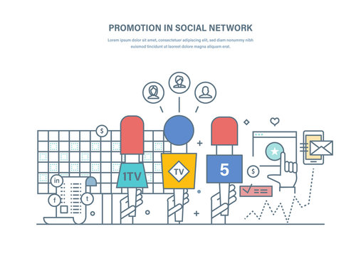 Promotional in social network. Media communications, planning, digital marketing, advertising.