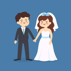 Cute Wedding Couple invitation. Bride and groom holding hands vector illustration cartoon isolated on blue theme background. 