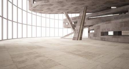 Abstract white and concrete interior  with glossy white lines. 3D illustration and rendering.