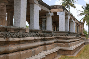 Panchakuta Basadi,or Panchakoota Basadi Kambadahalli, Mandya district. Adhisthana base and open mantapa, pillared hall is seen.
