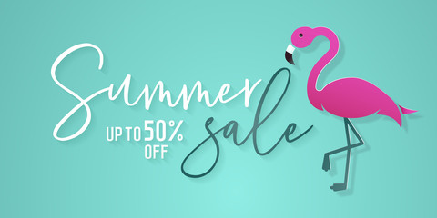 Summer sale background with flamingo in paper art style and calligraphic text for commerce, e-commerce, online shopping, banners, posters, vouchers, flyers etc.