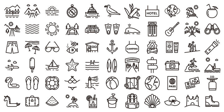 Big summer vacations icon set. Vector thin line illustrations with objects, activities and places related with traveling, tourism, outdoors in the beach and mountain, camping, resorts and hotels.