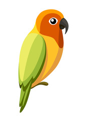 Colorful parrot bird. Parrot on branch posters, children books illustrating. Tropical bird cartoon style. Isolated on white background