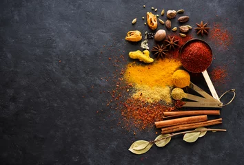 Keuken spatwand met foto Selection spices, spicy and herbs in metal spoons, top view © Rozmarina