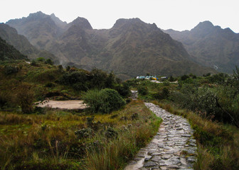 Ancient Inca Trail paved path to the lost city of Machu Picchu. Peru. South America. No people