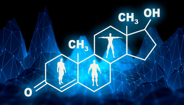 Chemical molecular formula hormone testosterone. Infographics illustration. Man silhouette. Low poly mountains landscape backdround. 3D rendering