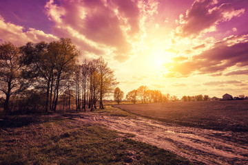 The rural landscape with the beautiful cloudy sky at sunset light