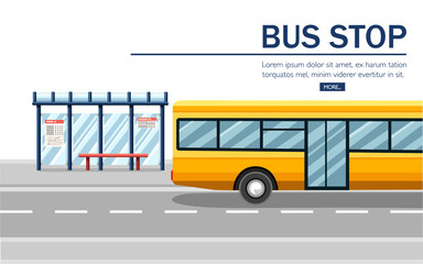 Yellow city bus. Public transport illustration. Bus stop and road. Flat design style on white background. Public transport concept design for website or advertising