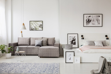 Real photo of a grey couch standing next to a platform bed in spacious one room flat interior