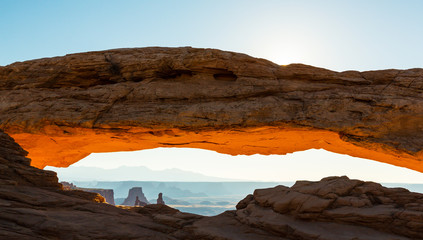 Fototapeta na wymiar Beautiful sunrise scenery at Mesa Arch, Arches National Park, Utah, on a clear summer day