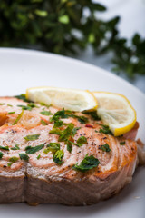Salmon slice with a lemon and green parsley