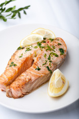 Salmon slice with a lemon and green parsley