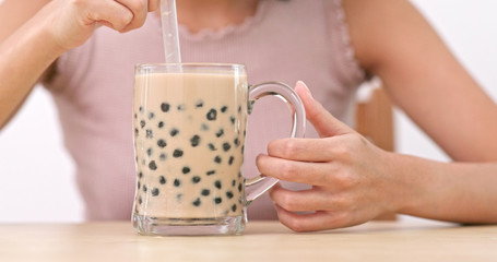 Woman drink of bubble milk tea