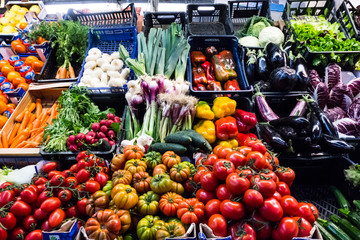 Market stall with tomatoes, onions, aubergine, celery, orange, radish, carrots, lettuce, salad, savoy cabbage, red chicory and lemons.