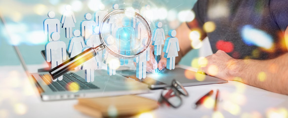 Graphic designer using magnifying glass to recruit people 3D rendering