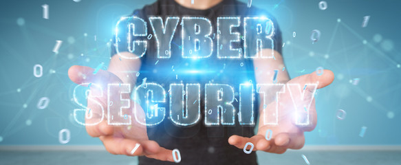 Businessman using cyber security text hologram 3D rendering