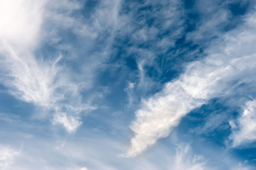Naklejka na ściany i meble Beautiful unusual white fluffy feathery clouds. Background