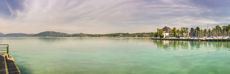 Fototapeta na wymiar Attersee-Scenic panoramic picture-postcard view of famous Austrian Alps with beautiful clean lake