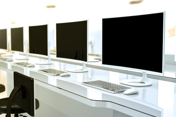 Work desk with PC blank screen with selective focus with clipping path