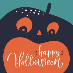 Happy Halloween greeting card. Vector hand drawn pumpkin with hand written text.